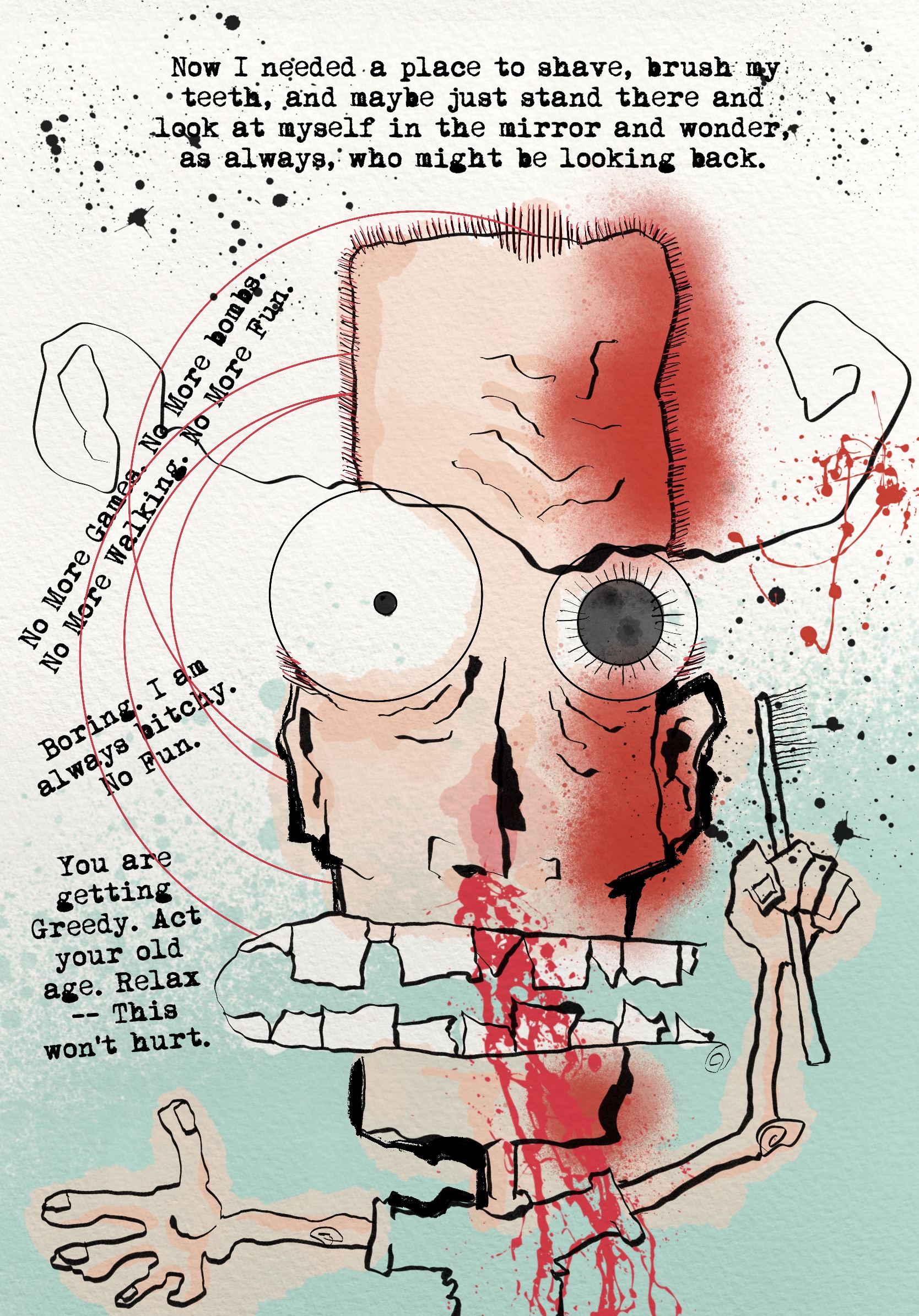Dicky — self-portrait, ink and splatter
