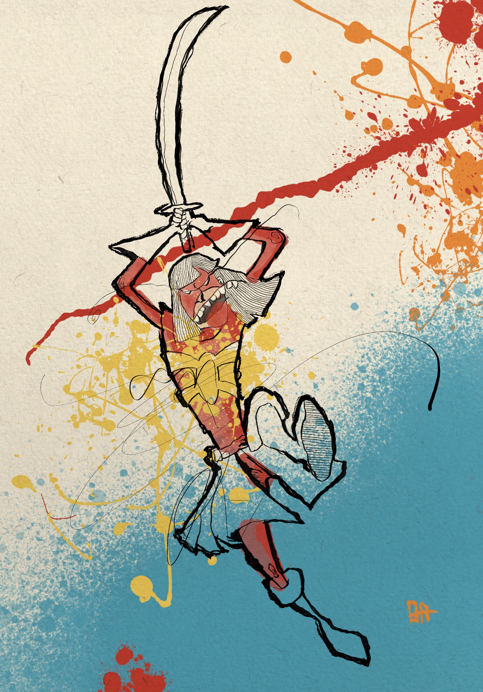 Warrior with sword, ink and splatter
